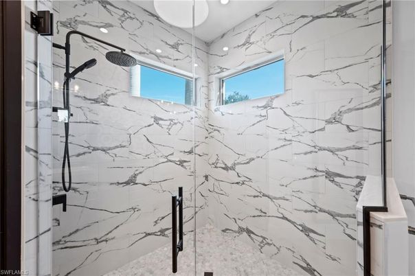 Bathroom, Glass Shower, Interior, Marble Walls, Recessed Lighting