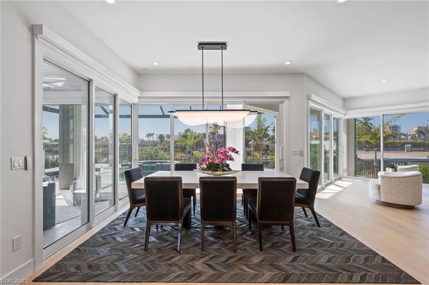 Dining room, Interior, Pendant Lights, Recessed Lighting, Wood Texture Flooring
