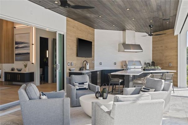 Interior, Kitchen, Living room, Marble, Recessed Lighting, Stone Walls, Wooden Ceilings, Wood Texture Flooring