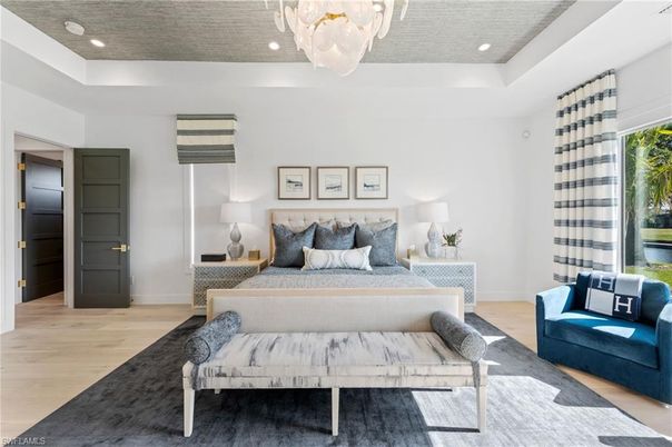 Bedroom, Chandelier, Interior, Recessed Lighting, Wood Texture Flooring