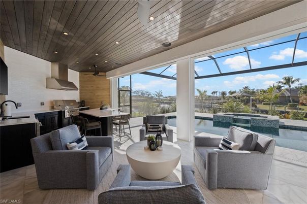 Dining room, Interior, Kitchen, Living room, Pool, Recessed Lighting, Stainless Steel Appliances, Wooden Ceilings