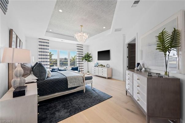 Bedroom, Chandelier, Interior, Recessed Lighting, Wood Texture Flooring