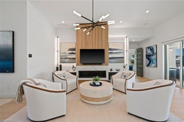 Fireplace, Interior, Living room, Pendant Lights, Recessed Lighting, Wood Texture Flooring