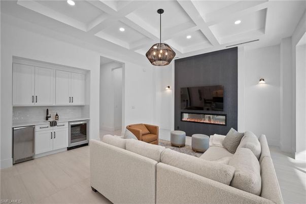 Fireplace, Interior, Kitchen, Living room, Pendant Lights, Recessed Lighting