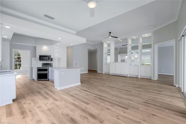 Interior, Kitchen, Recessed Lighting, Stainless Steel Appliances, Wood Texture Flooring