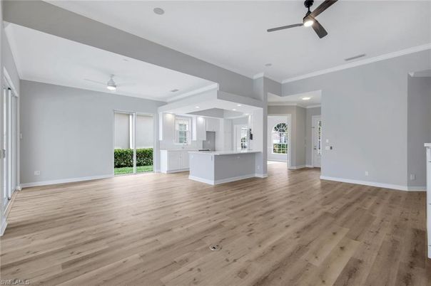 Empty room, Interior, Kitchen, Recessed Lighting, Wood Texture Flooring