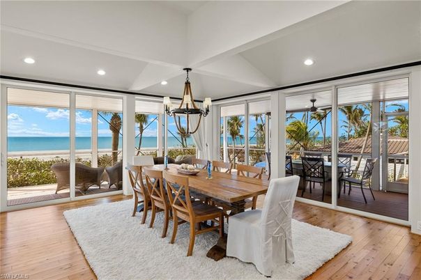 Dining room, Interior, Pendant Lights, Recessed Lighting, Water, Wood Texture Flooring