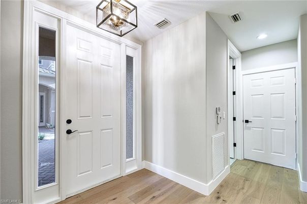Empty room, Interior, Kitchen, Pendant Lights, Recessed Lighting, Wood Texture Flooring