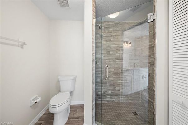 Bathroom, Glass Shower, Interior, Wood Texture Flooring