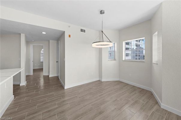 Empty room, Interior, Pendant Lights, Recessed Lighting, Wood Texture Flooring