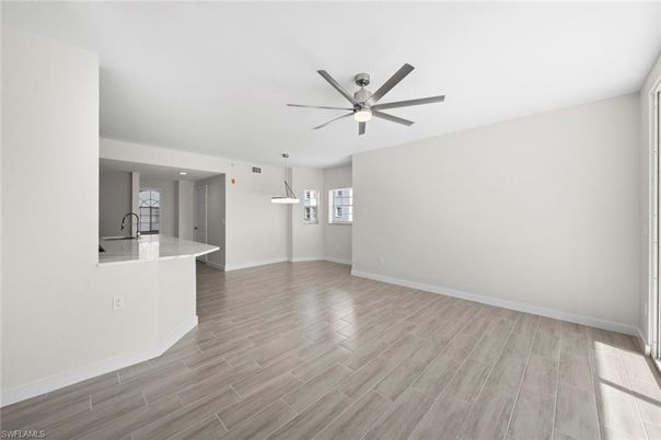 Empty room, Interior, Kitchen, Pendant Lights, Recessed Lighting, Wood Texture Flooring