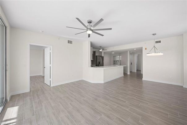 Empty room, Interior, Kitchen, Pendant Lights, Recessed Lighting, Wood Texture Flooring