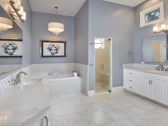 Bathroom, Chandelier, Dual Sink Vanities, Interior, Marble