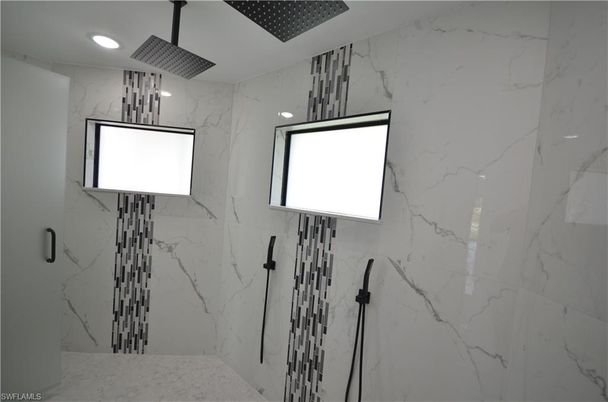 Bathroom, Glass Shower, Interior, Marble Walls, Recessed Lighting