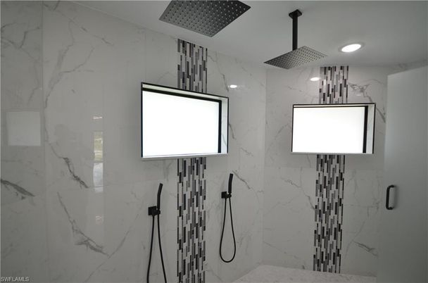Bathroom, Glass Shower, Interior, Marble Walls, Recessed Lighting
