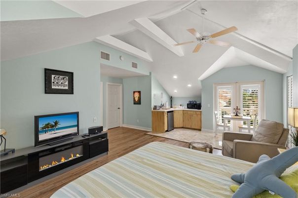 Bedroom, Fireplace, Interior, Kitchen, Living room, Recessed Lighting, Wood Texture Flooring
