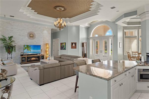 Chandelier, Dining room, Fireplace, Interior, Kitchen, Living room, Recessed Lighting, Stone Walls