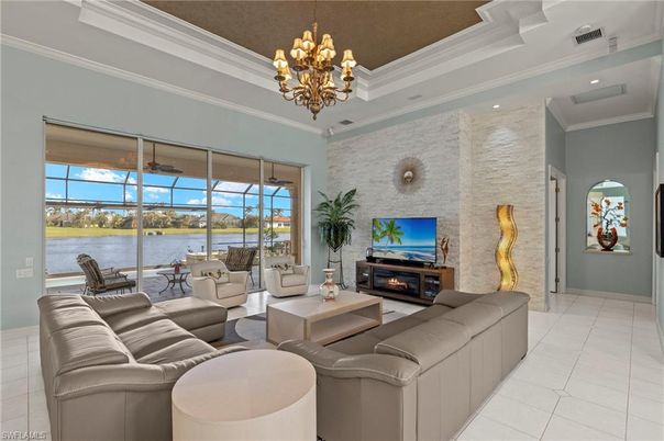 Chandelier, Fireplace, Interior, Living room, Recessed Lighting, Stone Walls, Water