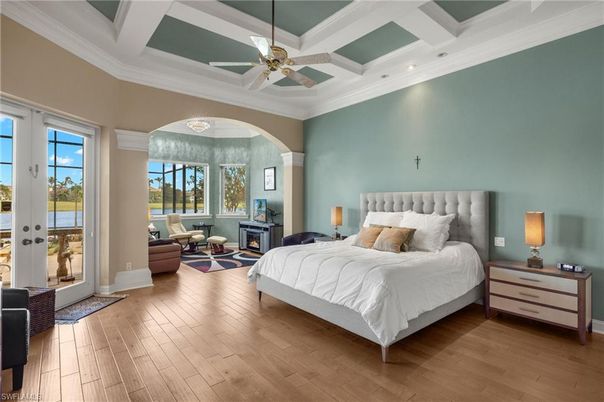 Bedroom, Fireplace, Interior, Recessed Lighting, Wood Texture Flooring