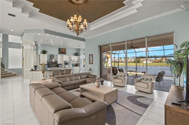 Chandelier, Interior, Kitchen, Living room, Recessed Lighting, Stainless Steel Appliances, Water