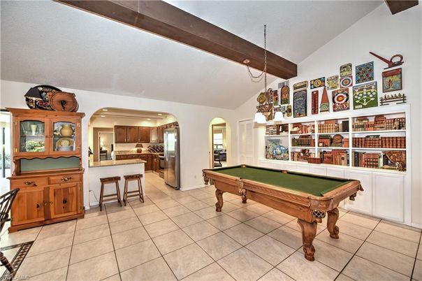 Billiard Table, Game Room, Interior, Kitchen, Pendant Lights, Wooden Beams
