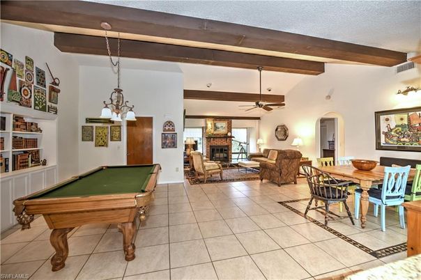 Billiard Table, Dining room, Fireplace, Game Room, Interior, Living room, Pendant Lights, Wooden Beams