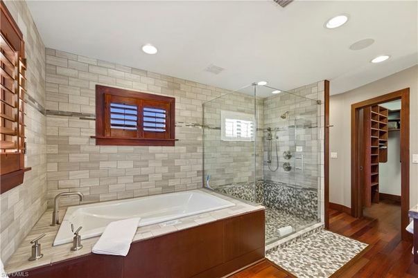 Bathroom, Glass Shower, Interior, Recessed Lighting, Stone Walls, Wood Texture Flooring