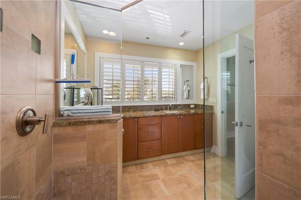 Bathroom, Glass Shower, Interior, Recessed Lighting, Wood Texture Flooring