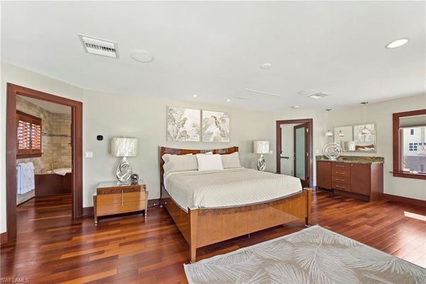 Bedroom, Interior, Pendant Lights, Recessed Lighting, Wood Texture Flooring