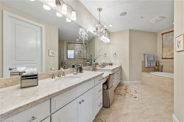 Bathroom, Chandelier, Dual Sink Vanities, Interior, Recessed Lighting