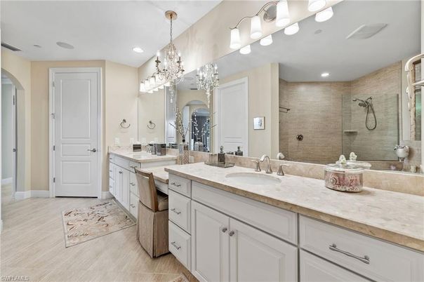 Bathroom, Chandelier, Dual Sink Vanities, Glass Shower, Interior, Recessed Lighting