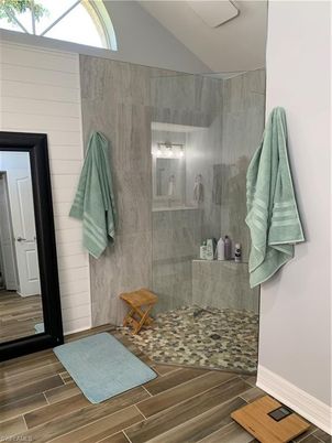 Bathroom, Glass Shower, Interior, Wood Texture Flooring