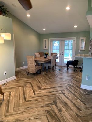 Dining room, Interior, Recessed Lighting, Wood Texture Flooring