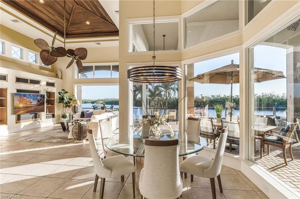 Dining room, Interior, Pendant Lights, Recessed Lighting, Water, Wooden Ceilings