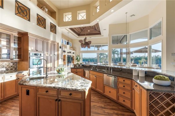 Interior, Kitchen, Pendant Lights, Recessed Lighting, Stainless Steel Appliances, Wooden Ceilings, Wood Texture Flooring