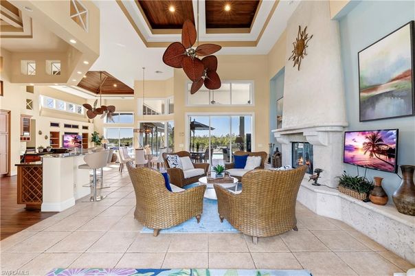 Fireplace, Interior, Living room, Pendant Lights, Recessed Lighting, Wooden Ceilings, Wood Texture Flooring