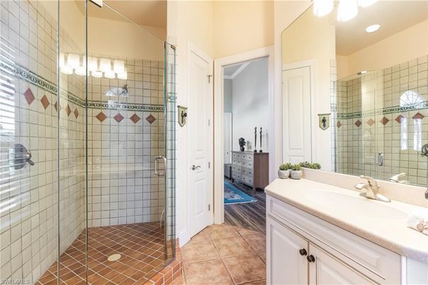 Bathroom, Glass Shower, Interior, Recessed Lighting, Wood Texture Flooring