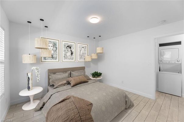 Bedroom, Interior, Pendant Lights, Wood Texture Flooring