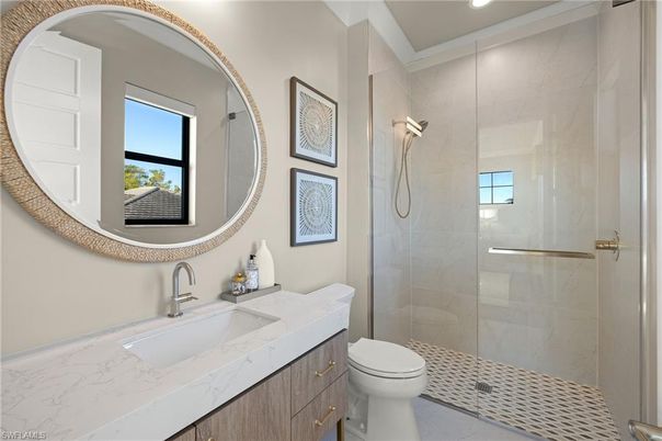 Bathroom, Glass Shower, Interior, Marble Walls, Recessed Lighting