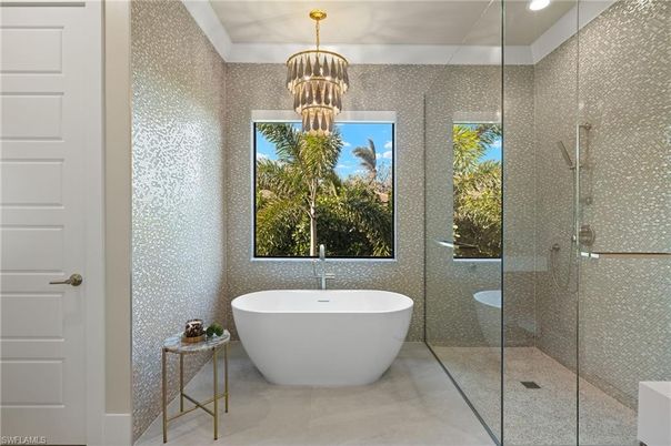 Bathroom, Chandelier, Free Standing Baths, Glass Shower, Interior