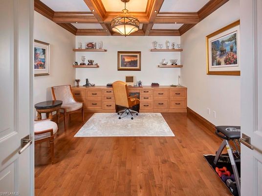 Fitness Equipment, Home Office, Interior, Recessed Lighting, Wooden Beams, Wood Texture Flooring