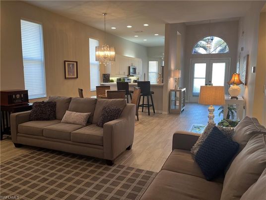 Chandelier, Dining room, Interior, Kitchen, Living room, Pendant Lights, Recessed Lighting, Wood Texture Flooring