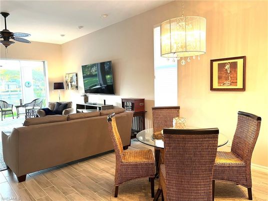 Dining room, Interior, Living room, Pendant Lights, Recessed Lighting, Wood Texture Flooring