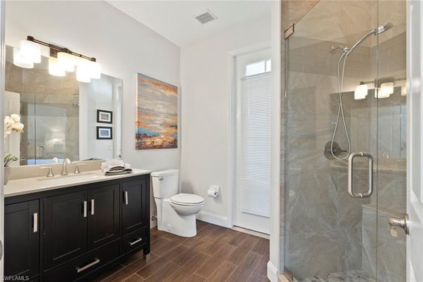Bathroom, Glass Shower, Interior, Wood Texture Flooring