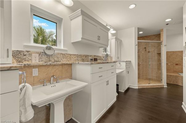 Bathroom, Glass Shower, Interior, Recessed Lighting, Wood Texture Flooring