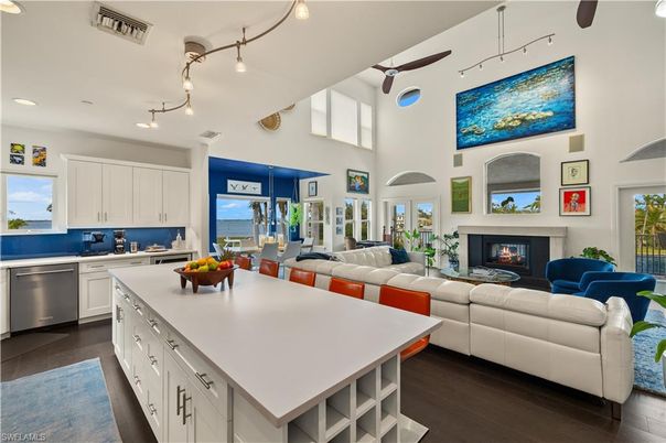 Dining room, Fireplace, Interior, Kitchen, Living room, Recessed Lighting, Wood Texture Flooring