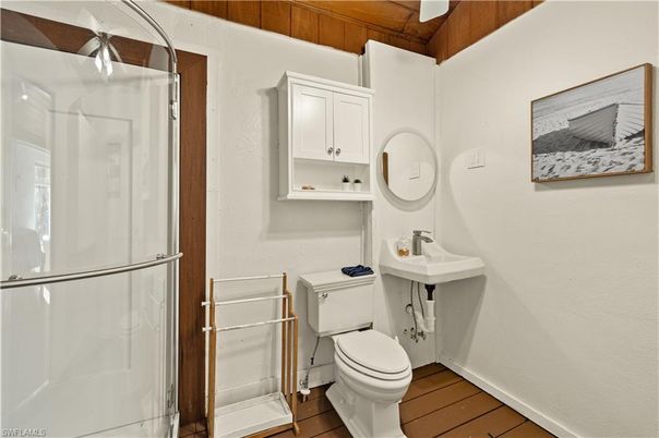 Bathroom, Glass Shower, Interior, Wood Texture Flooring