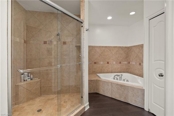 Bathroom, Glass Shower, Interior, Recessed Lighting, Wood Texture Flooring