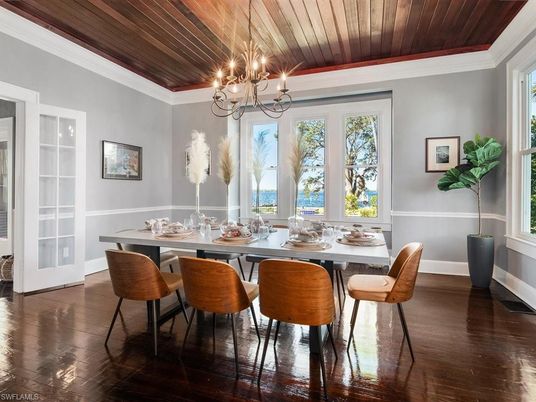 Chandelier, Dining room, Interior, Wooden Ceilings, Wood Texture Flooring