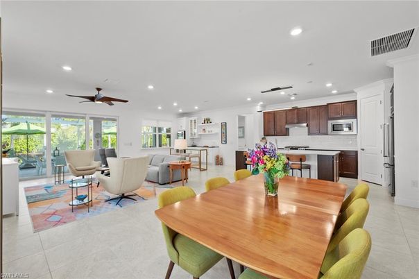 Dining room, Interior, Kitchen, Living room, Recessed Lighting, Stainless Steel Appliances